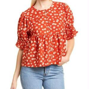 Madewell Puff Sleeve Floral Button Front Swiss Dot Blouse, size XS